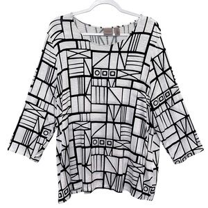 Chico's 3 Easywear Geometric White Black 3/4 Sleeve Tunic Relaxed Fit Size XL
